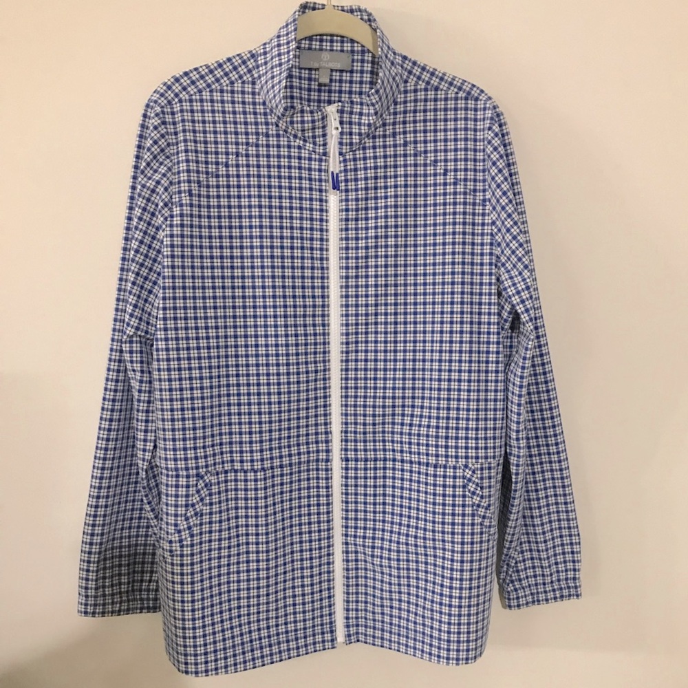 T By Talbots Blue & White Plaid Long Sleeve Jacket